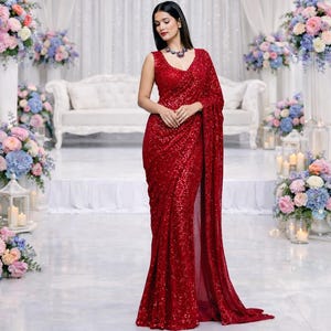 Rubinröd Georgette Ready To Wear Sari: Indisk bröllopssari med paljettbroderi