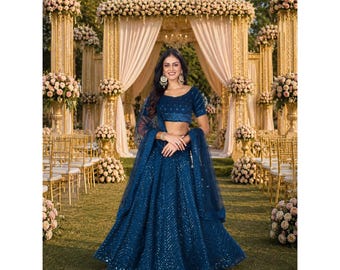 Blue Lehenga Choli With Dupatta For Women: Indian Wedding Wear, Sequins & Embroidery