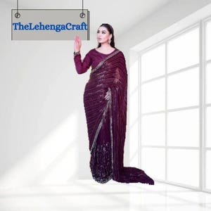 Wine Ready To Wear Saree: Indian Wedding, Sequence Embroidery, Stitched Saree with Blouse