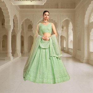 Mint Lehenga Choli: Resham & Sequins Embroidery, Indian Wedding Wear
