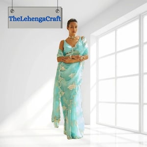 Sky Blue Sequin Georgette Ready To Wear Saree: Indian Wedding Guest Outfit