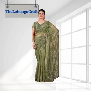 Green Sequined Embroidered Saree: Ready To Wear Designer Sari
