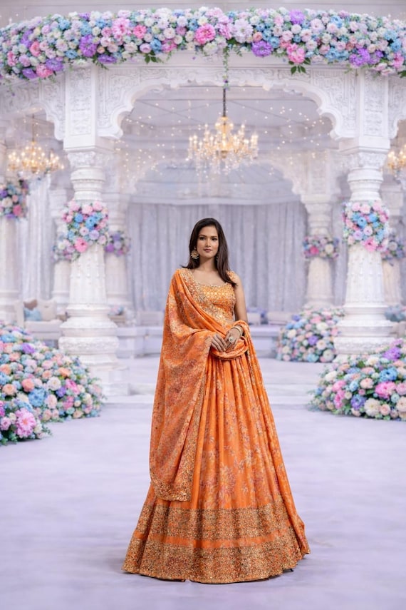 Orange Organza Lehenga Choli: Indian Wedding Wear, Zari Embroidery