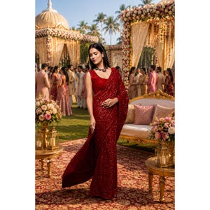 Ruby Red Georgette Ready To Wear Saree For Women: Sequin Embroidery Indian Wedding Wear