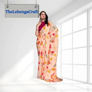 Cream Ready To Wear Saree For Women: Satin Silk Printed Embroidered Stitched Sari
