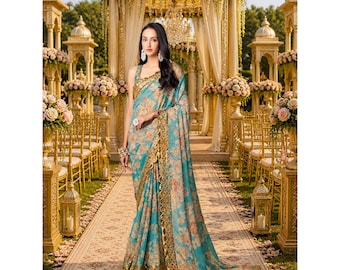 Sky Blue Georgette Ready To Wear Saree For Women: Indian Wedding Wear, Sequins Embroidery