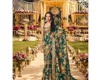 Teal Blue Organza Ready To Wear Saree For Women: Sequins Embroidery, Indian Wedding Wear