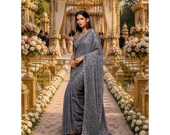 Slate Grey Sequin Ready To Wear Embroidery Saree: Indian Wedding Wear