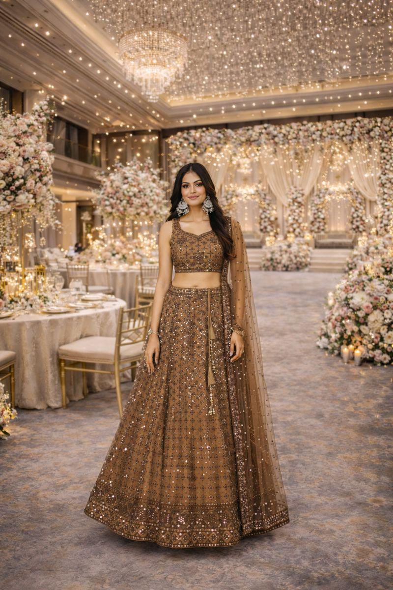 Lehenga De Mariée Marron Et Doré Avec Broderie Complète - Porté Une Seule Fois - Très Bon état