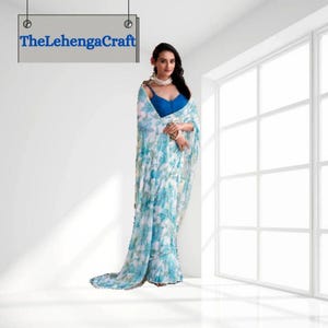 Blue Moonga Silk Saree: Floral Print, Pearl Lace Border, Ready To Wear