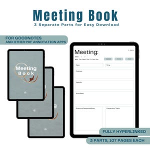 Op de afbeelding: Een digitale planner voor vergaderingen, met een blauw en wit kleurenschema. De planner is onderverdeeld in secties voor datum, doel, agenda, deelnemers, rollen en verantwoordelijkheden, en voorbereidingstaken. De planner is volledig hyperlinked en wordt geleverd in drie delen, elk met 107 pagina's.