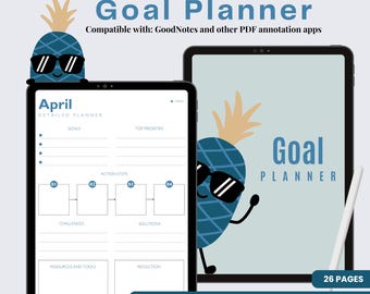 Puede incluir: Dos tabletas digitales que muestran un planificador de objetivos. Una tableta muestra un diseño detallado de abril. La otra tableta muestra las palabras "Goal Planner" con un gráfico de piña. También es visible el texto "Objetivos anuales, trimestrales y mensuales".