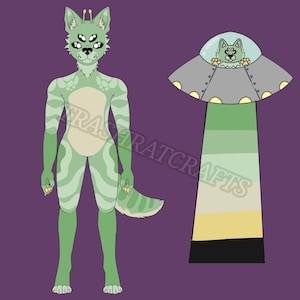 May include: A digital illustration of a green anthropomorphic wolf-like creature with multiple eyes and a matching UFO. The UFO has a similar creature inside. The background is purple, and the image has the text "TRASHRATCRAFTS".