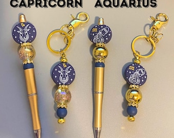 Zodiac Sign Beaded Pens & Keychains | Astrology Gift | 12 Horoscope Sign Options