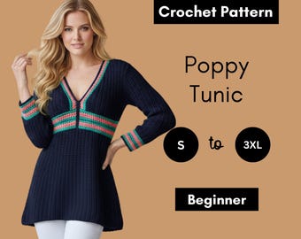 Virkmönster för tunika med vallmomönster | Randig topp i färg | Modern
