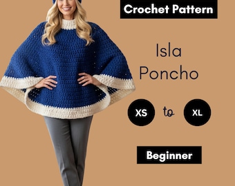 Virkmönster för Isla Poncho, Bulky Yarn Color-Block, Enkel nybörjarmössa (PDF-mönster)