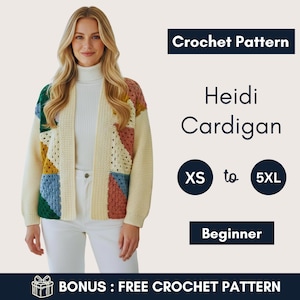 Op de afbeelding: Een vrouw draagt een crèmekleurig Heidi-vest met kleurrijke patchworkpanelen. Het haakpatroon is verkrijgbaar in de maten XS tot 5XL en is geschikt voor beginners. De afbeelding bevat ook de tekst "Crochet Pattern" en "BONUS: FREE CROCHET PATTERN."