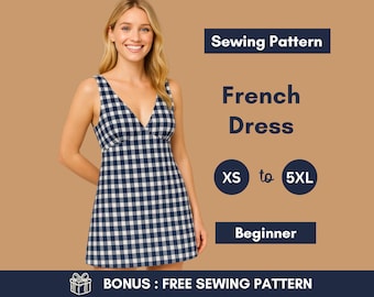 Mönster för fransk klänning med v-ringning: Nybörjarvänlig | XS-5XL | PDF-mönster