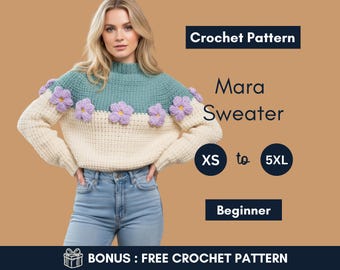 Patroon gehaakte trui | Trui met volumineus garen en bloemenjuk | Gezellige top van bovenaf | XS–5XL