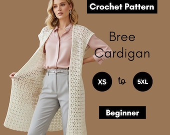 Bree kofta virkmönster, enkel väst med V-stygn, storlekar XS-5XL (PDF-nedladdning)