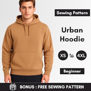 Könnte beinhalten: Ein beigefarbener Urban Hoodie mit Kapuze und Vordertasche. Der Text auf dem Bild lautet "Sewing Pattern", "Urban Hoodie", "XS to 4XL" und "Beginner".