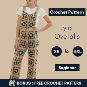 May include: A crochet pattern for Lyla Overalls, available in sizes XS to 5XL. The overalls are beige with green and brown square patterns. The image also includes the text "Crochet Pattern" and "Beginner".