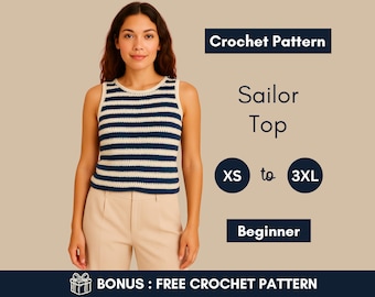 Striped Sailor Crochet Tank Top Pattern: Beginner-Friendly (Digital Download XS–3XL)