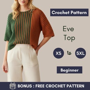 Può includere: Un modello all'uncinetto per l'Eve Top, un top a maniche corte con un design a blocchi di colore. Il top è verde e arancione. Il modello è per le taglie XS a 5XL ed è per principianti. L'immagine include anche il testo "Crochet Pattern" e "Bonus: Free Crochet Pattern".