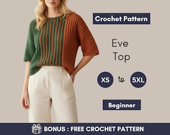 Mönster för virkad topp i färgblock | Randig skjorta med struktur | Blus med nederlång ärm | Storlekar XS–5XL