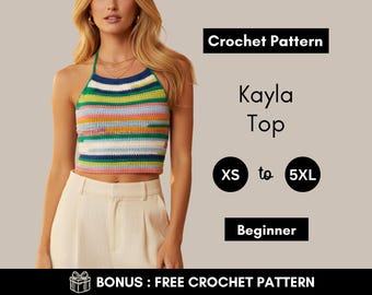 Mönster för virkad halternecktopp | Randig, kort virkad topp | Färgglada sommarfestivalkläder XS–5XL