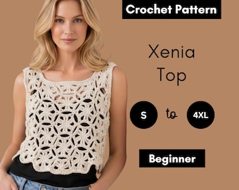 Xenia Virkmönster för Topp, Modernt Motivlinne, Metalliskt Skimmer (PDF-mönster)