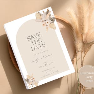Modèle d'invitation « Save the Date » bohème – carte de mariage en toile modifiable – téléchargement immédiat – herbe de la pampa minimaliste imprimable