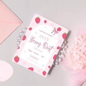 Berry First 1st Birthday Invitation | Strawberry Theme Girl Birthday Invite | Editable Canva Template | Instant Digital Download