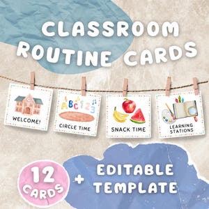 Könnte beinhalten: Zwölf bunte Klassenzimmer-Routinenkarten mit Illustrationen und Text. Die Karten beinhalten: Willkommen, Kreiszeit, Snackzeit und Lernstationen.