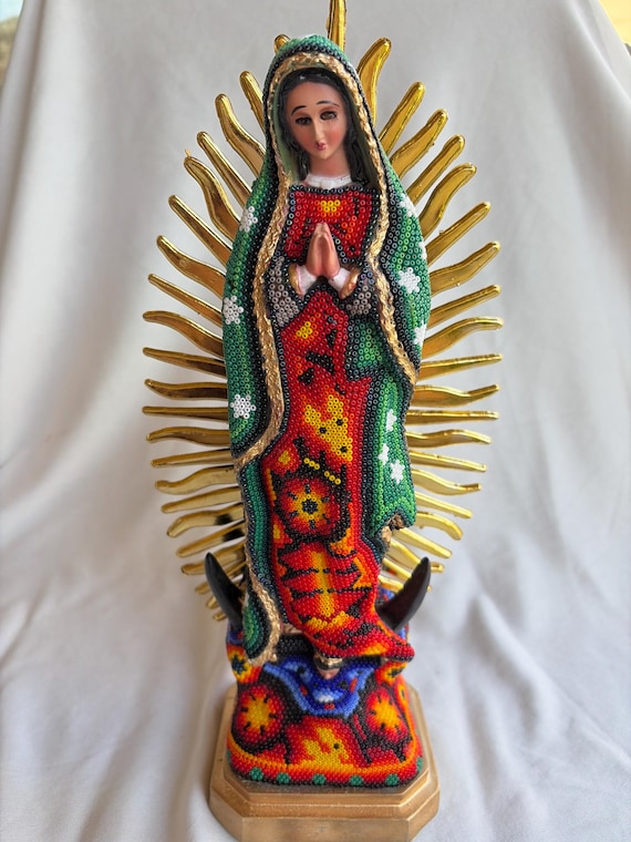 HUICHOL VIRGIN GUADALUPE mexican virgin, huichol beadwork, Collectible huichol art.
