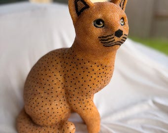 Huichol pärlskulptur av katt – Mexikansk folkkonst – Handgjord Wixárika Art