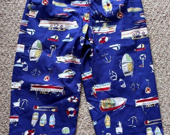 Damskie spodnie Capri Vintage Sportelle z lat 90., niebieskie z motywem łódek, rozmiar M, bawełna i spandex