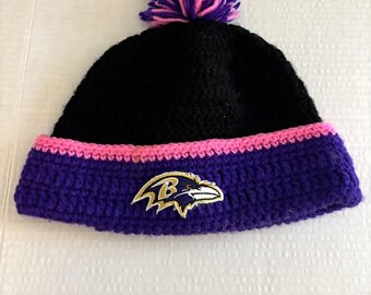 Handgemachte Baltimore Ravens Gehäkelte Mütze, Pom-Pom, Brustkrebsbewusstsein