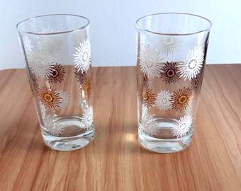 Juego de 2 vasos vintage de los años 50, estilo moderno de mediados de siglo, con diseño atómico de rayos de sol/copo de nieve.