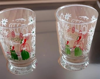 Vasos para jugo Libbey Americana, juego de 2, diseño de carreta cubierta y pionero.