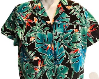 Męska koszula vintage Hilo Hattie Hawaiian Luau Beach Aloha: turkusowe tropikalne liście, rozmiar L
