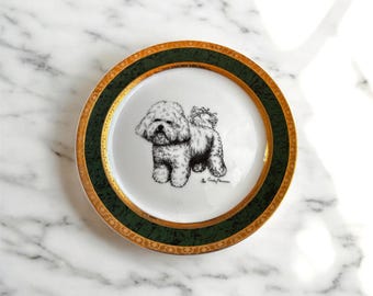 Vintage Rosalinde porcelana Bichon Frise plato decorado a mano por Cindy Farmer alrededor de 1985