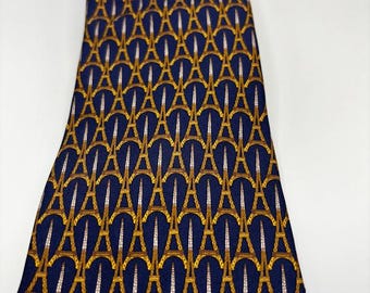 Corbata de caballero con la Torre Eiffel, 100% seda, de Brochier Soieries Paris 1889, 7,6 cm (3 pulgadas), azul y dorada, fabricada en Francia.