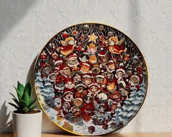 Plato de gatos con garras de Papá Noel de Bill Bell Ltd. Edición n.° Q-4084 Franklin Mint, década de 1990