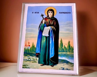 Santa Parascheva Paraskevi Icono religioso ortodoxo griego bizantino Madera 1956