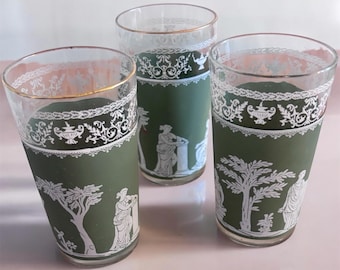 Juego de 3 vasos de cristal Jeannette Hellenic Green Jasperware, estilo vintage de los años 60.