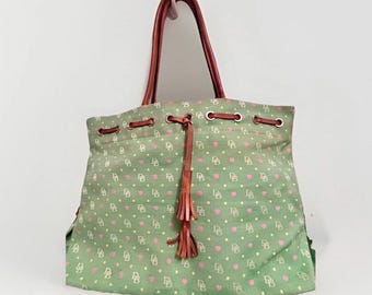 Vintage Dooney & Bourke Monogram Canvas Tote Bag Large Mint Green with Pink Hearts
