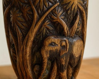 Vintage Balinese Carved Elephant Vase • Suar Wood Jungle Relief • 26cm Mid‑Century Indonesian Art