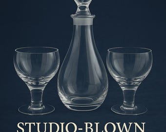 Decanter with Sculptural Stopper + Two Hand-Blown Goblets Studio-Blown Glass Ritual Ensemble (c.1970s–1990s)