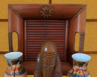 Japanese Folk Art Display: Noritake Vases, Elder Figurine, Wooden Tray